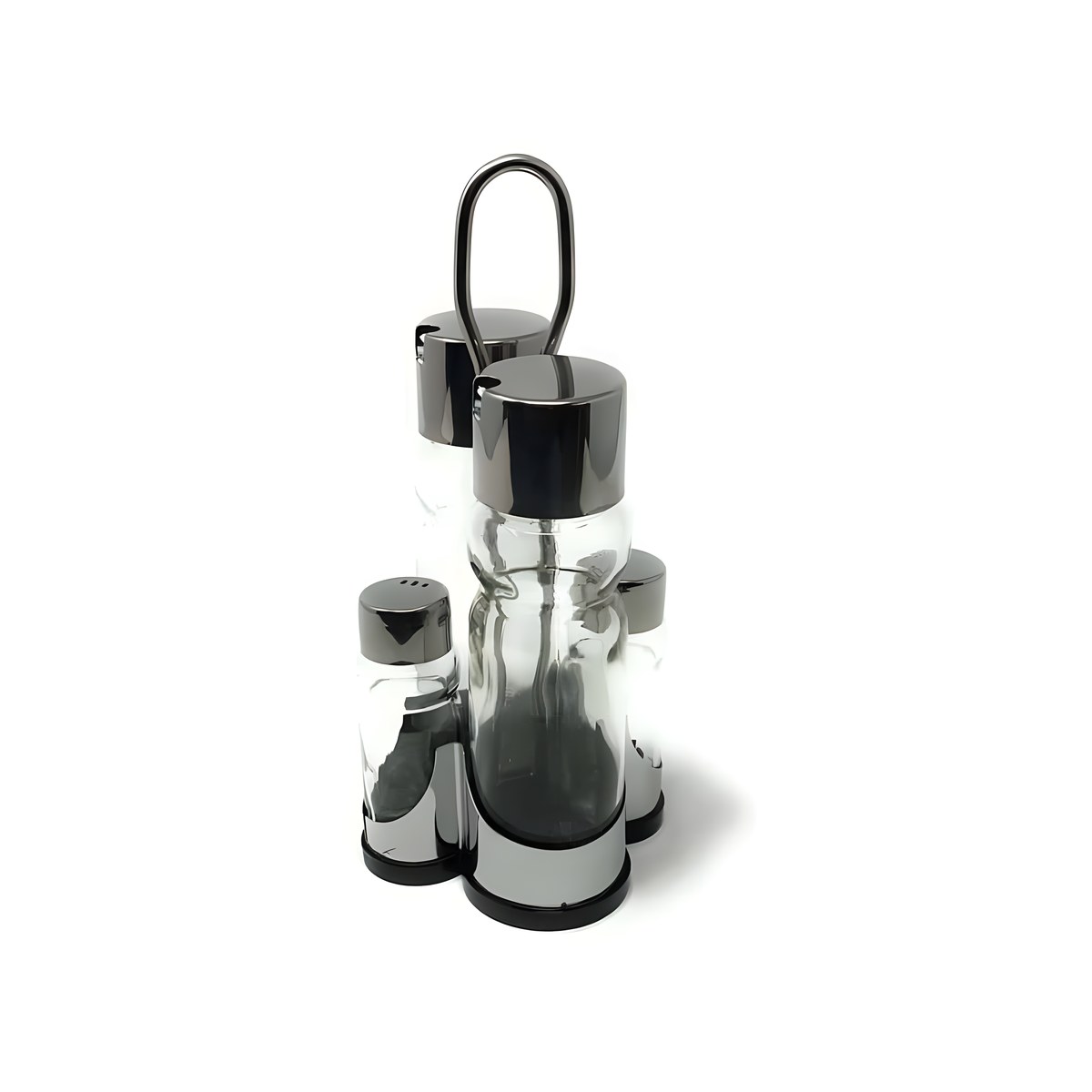 Salt Pepper And Vinegar Set With Inox Base 210 Glass salt, pepper, oil and vinegar set with stainless steel base