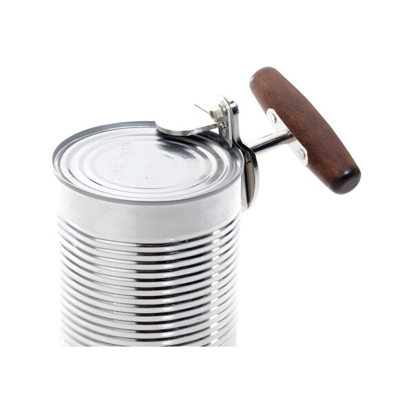 Stainless steel can opener with wooden handle