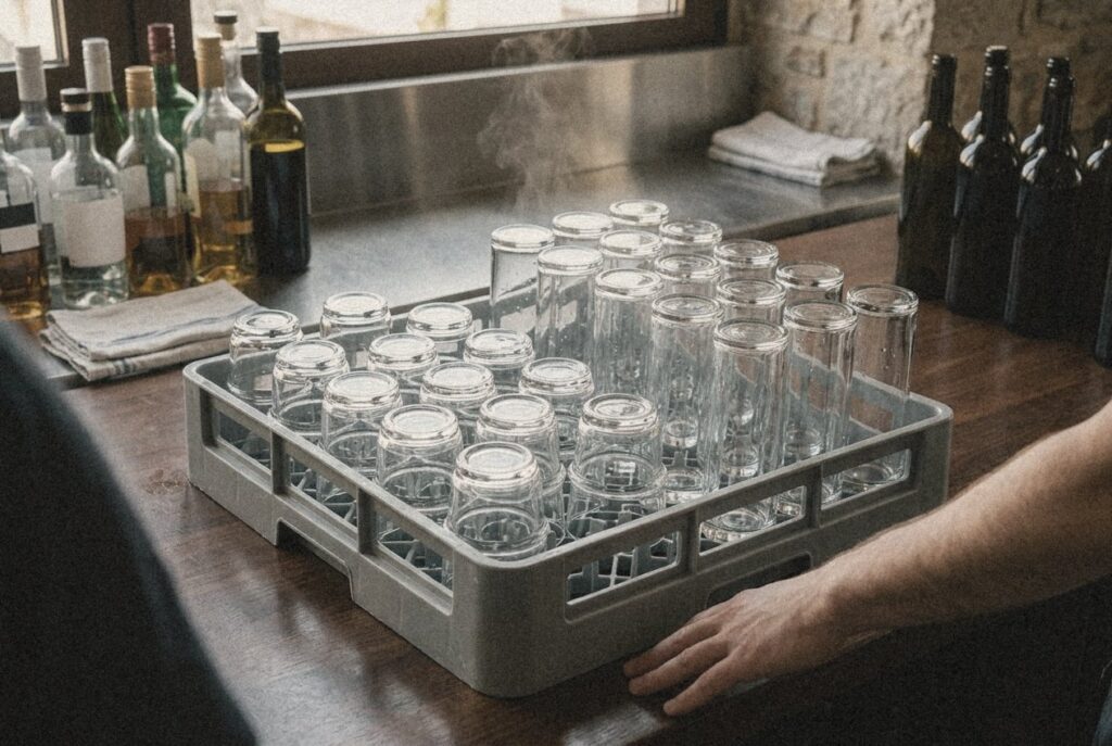 Καθαρά ποτήρια, ανάμεσά τους σωλήνες Vicrila Tuvo, σε καλάθι πλυντηρίου ποτηριών στο μπαρ