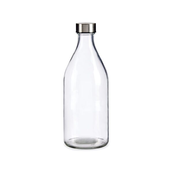 Round glass bottle with silver cap, 1 litre