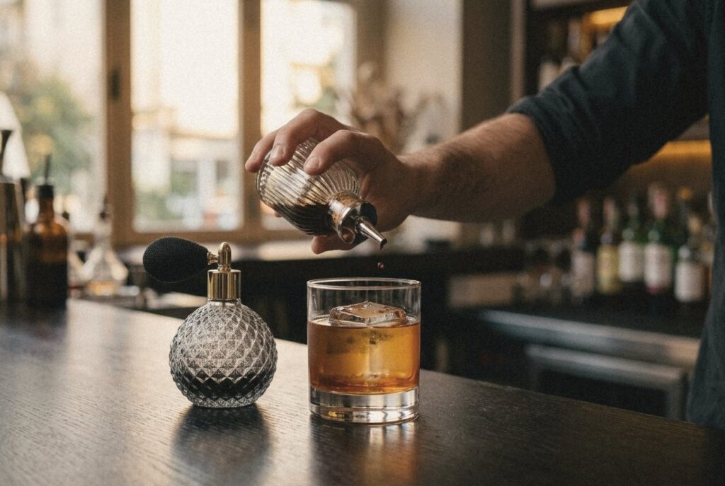 Bartender ρίχνει bitters από dash bottle THE BARSTARDS σε κοκτέιλ, δίπλα dash bottle με spray