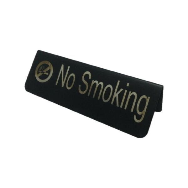 Black double-sided 18/10 stainless steel No Smoking table sign, 16x5.5 cm