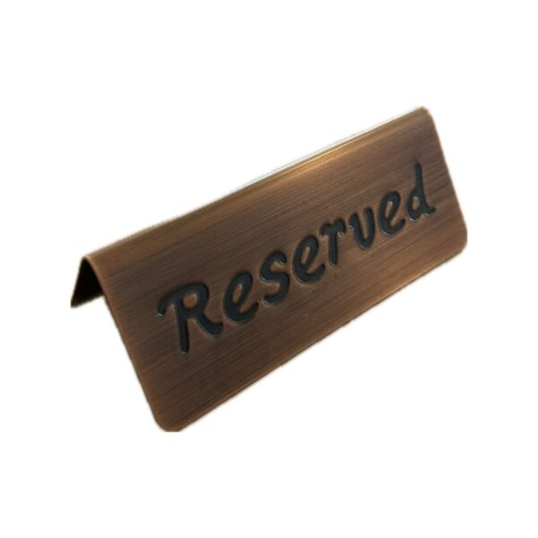 Vintage copper-finish 18/10 stainless steel double-sided Reserved table sign, 13x6 cm