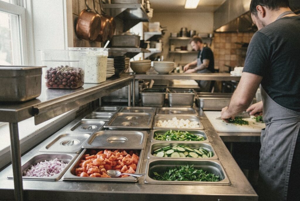 Λεκάνες Gastronorm με προετοιμασμένα υλικά σε ψυγείο πάγκο