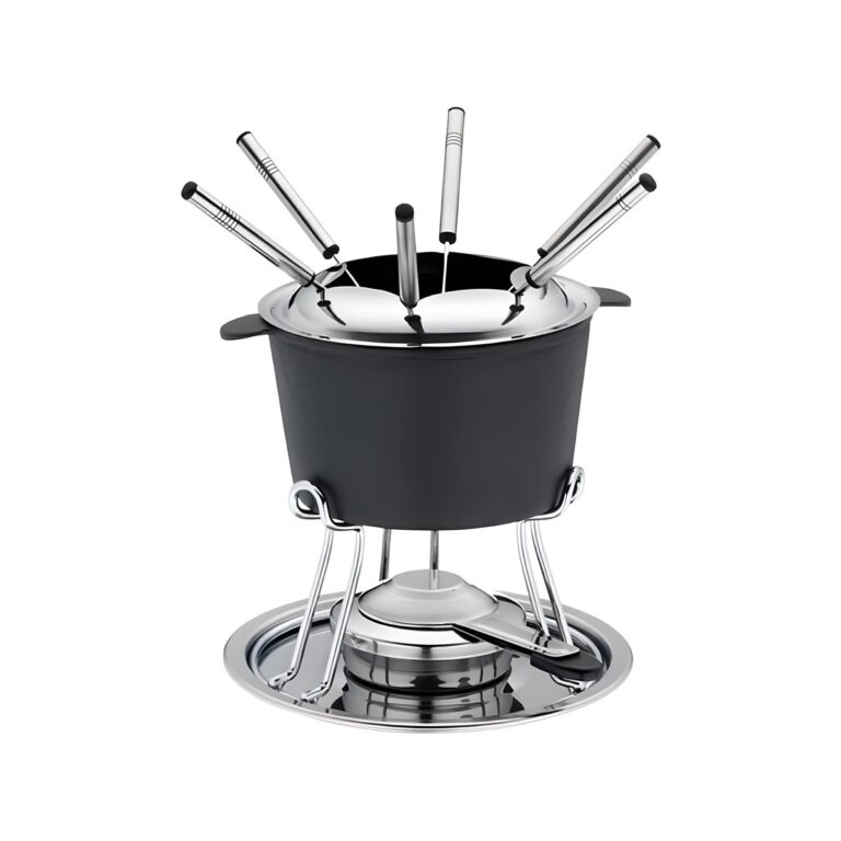 Black 18/10 stainless steel fondue set with 6 forks, diameter 20x19.5 cm