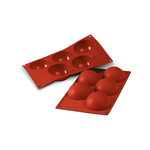 Red 5-slot silicone mold for half sphere desserts, 30x17.6 cm