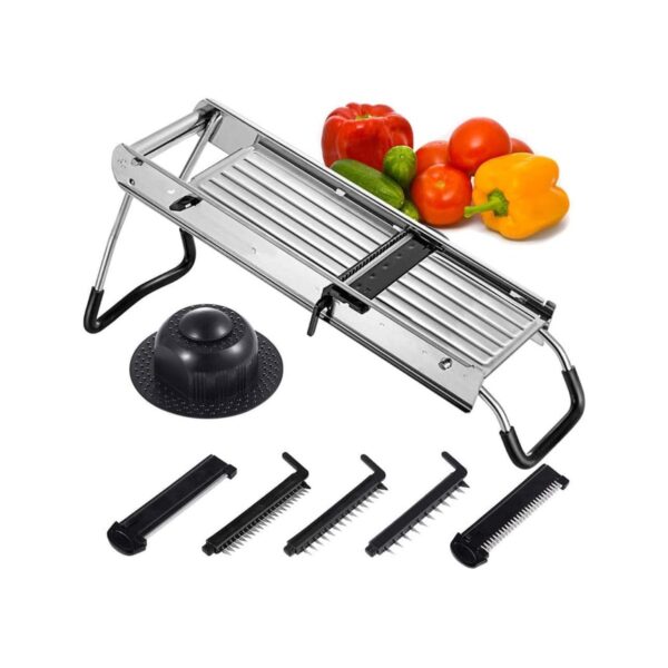 Heavy duty adjustable 18/10 stainless steel mandolin cutter with 6 blades