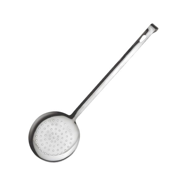 18/0 stainless steel perforated ladle, 12.5 cm diameter, 42 cm long