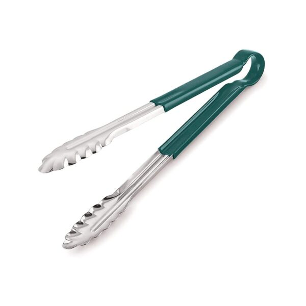 Heavy-duty stainless steel tongs with green handle, 41 cm