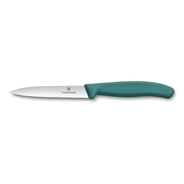 Οδοντωτό μυτερό μαχαίρι κουζίνας Victorinox Swiss Classic με πράσινη λαβή και λάμα 10 εκ.