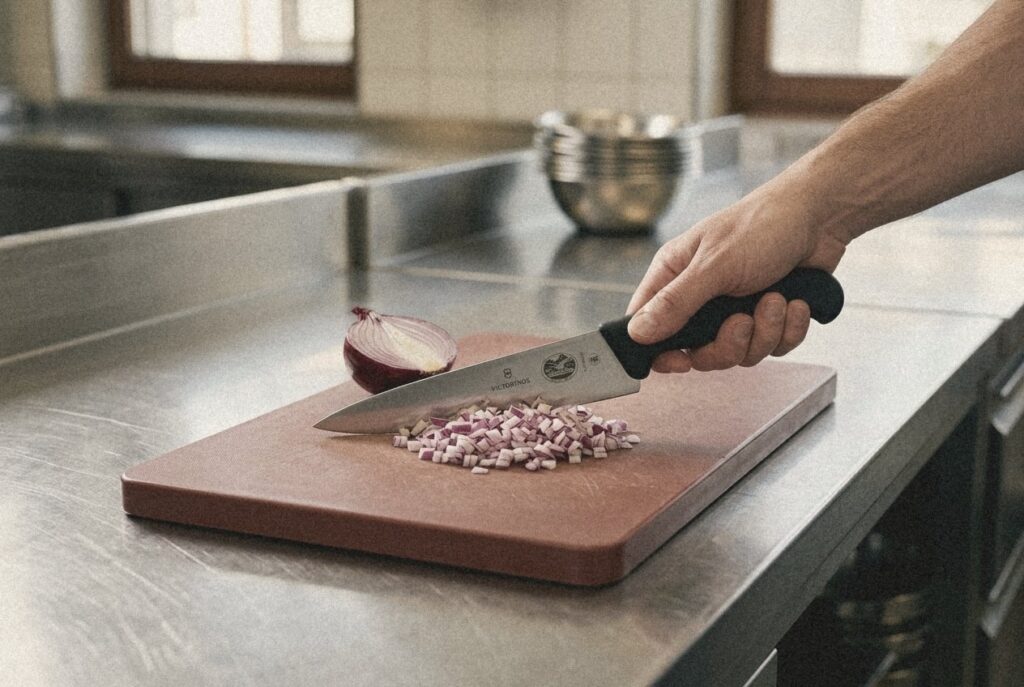 Victorinox chef’s knife with finely diced red onion on a brown cutting board for vegetables