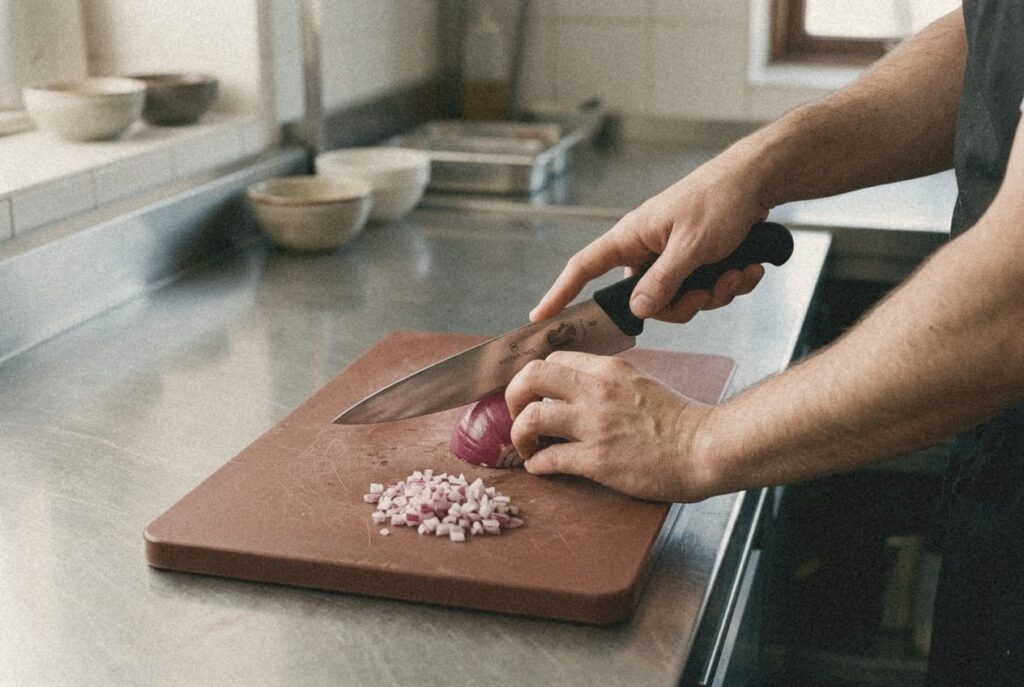 Μαχαίρι σεφ Victorinox ψιλοκόβει κόκκινο κρεμμύδι σε καφέ πλάκα κοπής για λαχανικά
