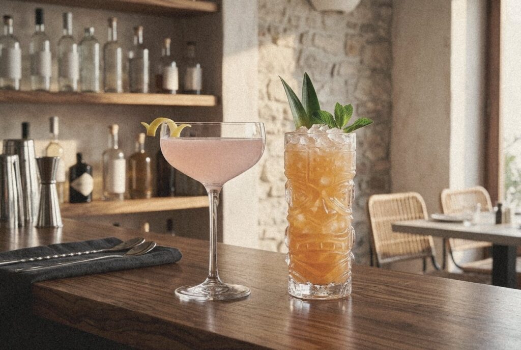 Ποτήρι coupe Vicrila Koshu με κοκτέιλ και ποτήρι tiki Yuk σε πάγκο μπαρ