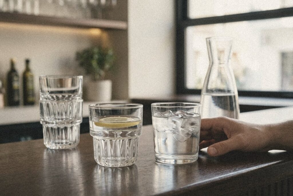 Στοιβαζόμενα χαμηλά ποτήρια Yuk και ποτήρι Vicrila Sidra Midi με νερό σε πάγκο καφέ