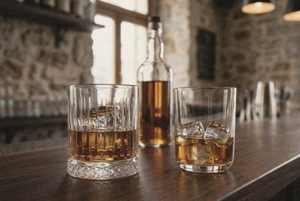 Ποτήρια ουίσκι old fashioned Yuk Elyz και Vicrila Saphira με πάγο σε πάγκο μπαρ