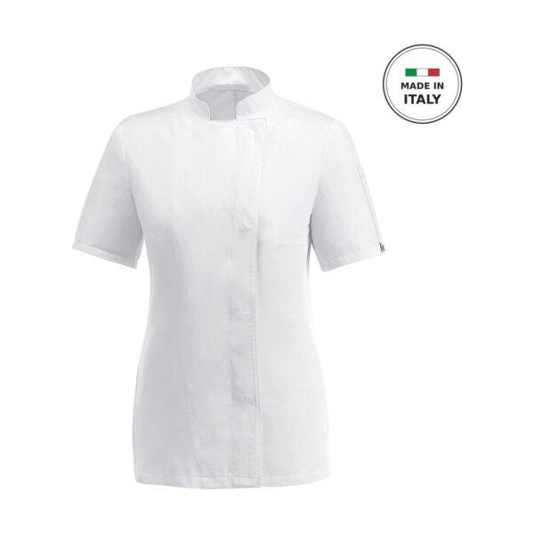 Λευκό γυναικείο σακάκι σεφ Egochef Easy Girl από microfiber με κοντό μανίκι, Medium