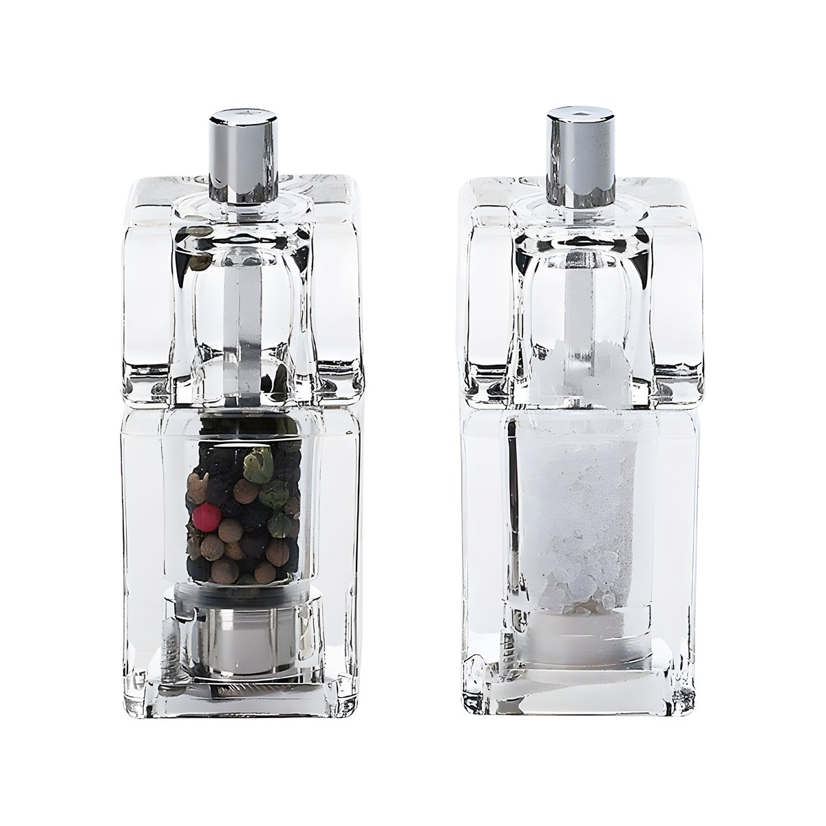 Set of 2 Salt/Pepper Mills Acrylic Squares 10cm SF6033 Set of 2 square acrylic salt and pepper mills, 10 cm tall