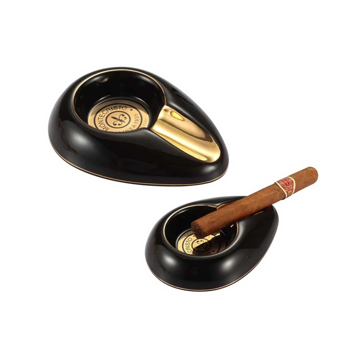 Cigar Ashtray Ceramic Black/Gold Montecristo 14.5cm Montecristo ceramic cigar ashtray in black and gold, 14.5 cm
