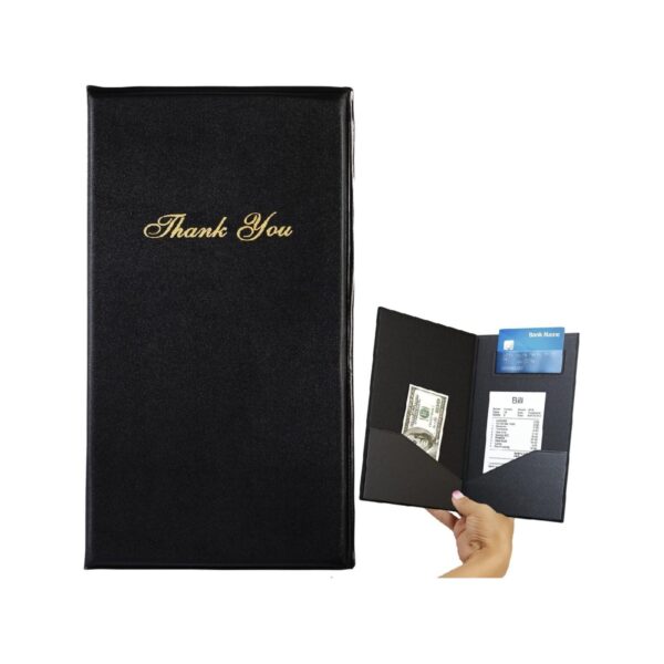 Black PU leather Thank You bill holder, 26x14 cm