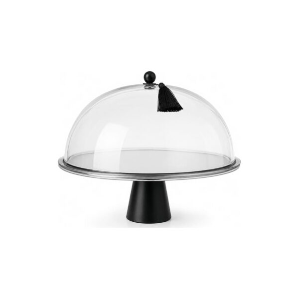 Matte black metal cake stand with acrylic dome, 30 cm diameter