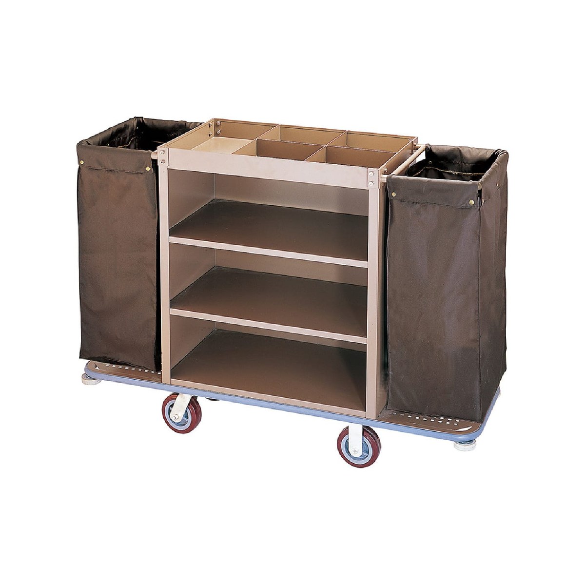 Housekeeping Trolley, Metal, Brown with Two Laundry Bags, 145x48x115 cm Brown stainless steel housekeeping trolley with two laundry bags, 145x48x115 cm