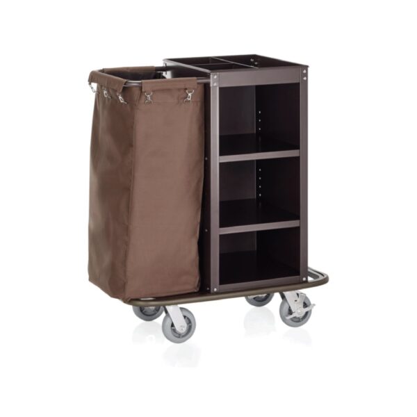 Brown stainless steel housekeeping trolley with one laundry bag, 90x48x115 cm