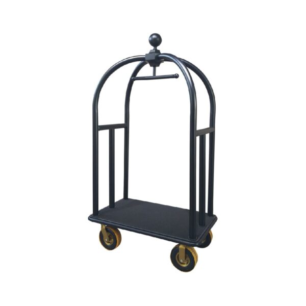 Heavy duty stainless steel luggage transport trolley in matte black, 117x70x195 cm