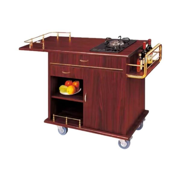 Wooden and stainless steel Flambe serving trolley with 1 gas burner, 150x52x90 cm