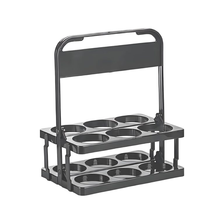 Black ABS cup and bottle carrying stand with 6 compartments, 28x19x33 cm