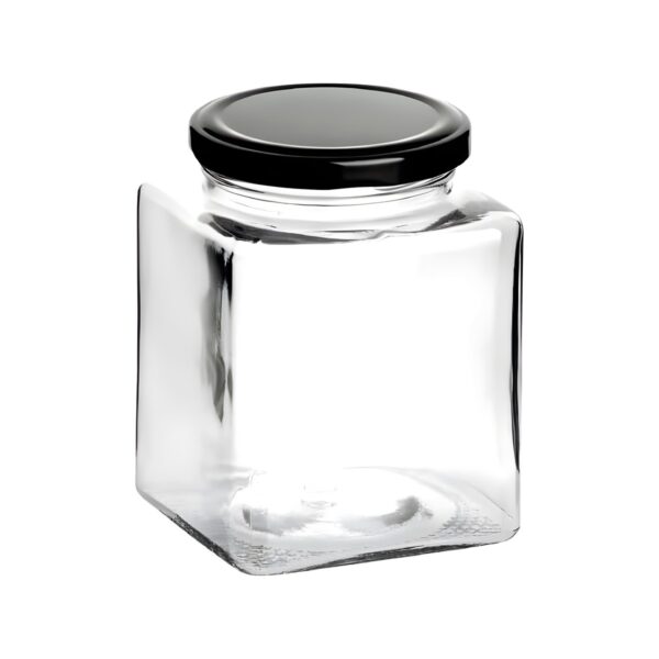 Square mini glass jar with black lid, 200 ml