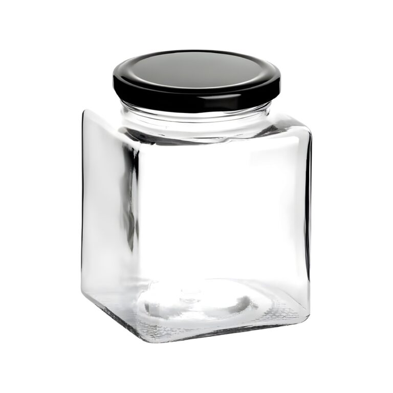 Square mini glass jar with black lid, 200 ml