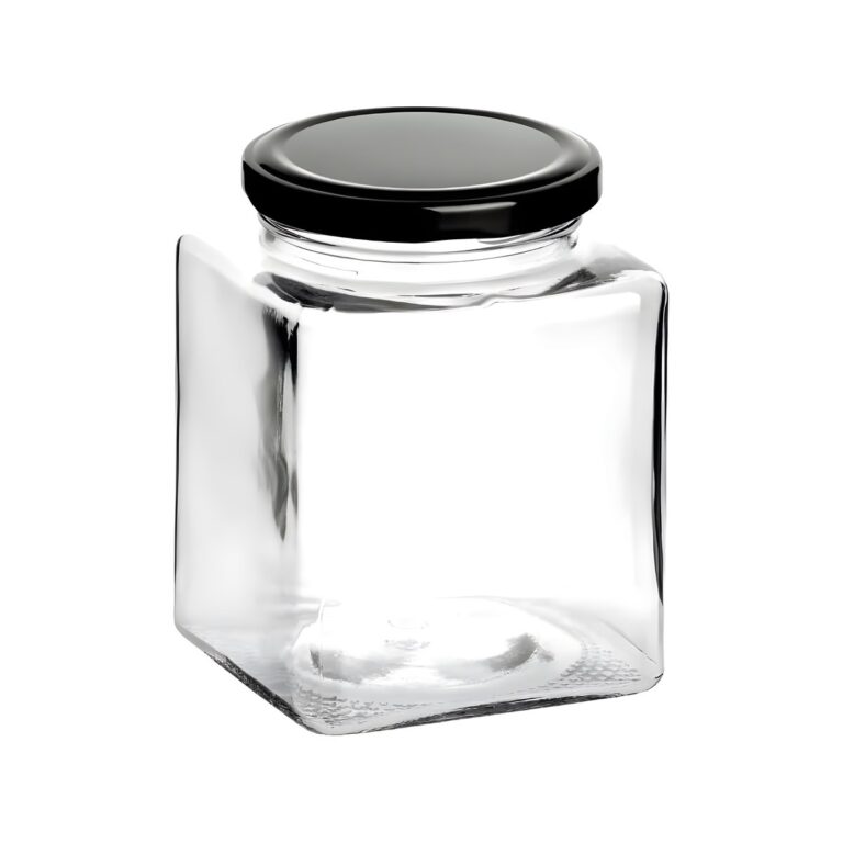 Square mini glass jar with black lid, 270 ml