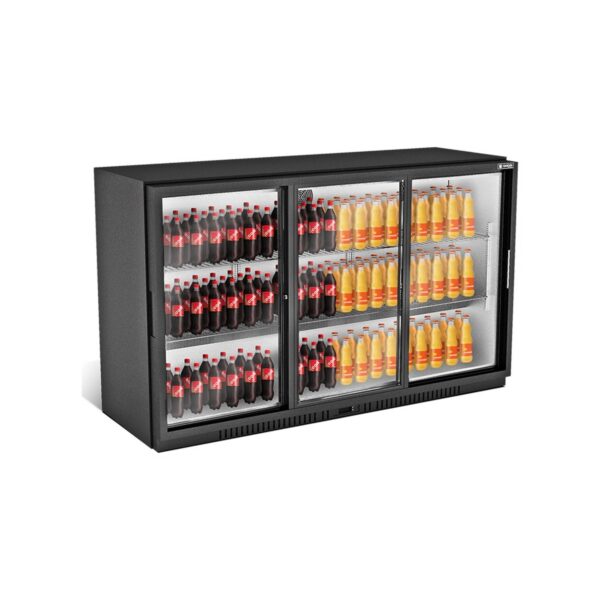Black back bar display with 3 sliding doors, 330 litres, 135x54x84 cm