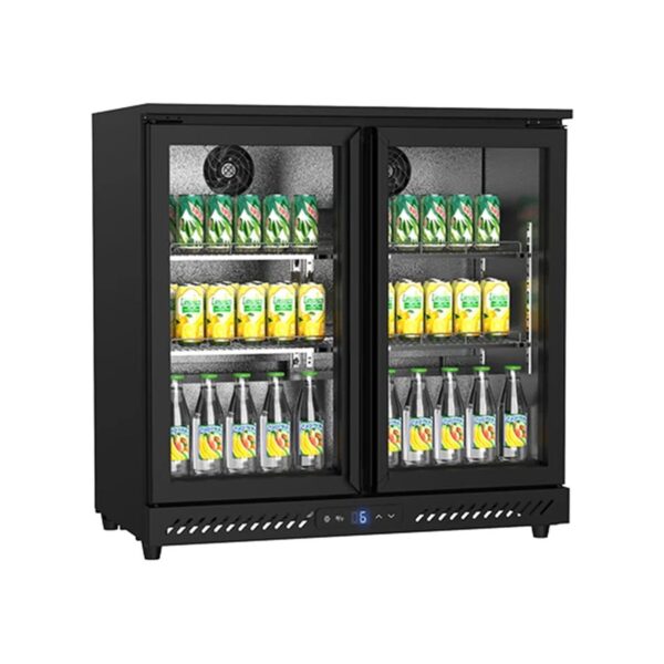 Black back bar refrigerated showcase with 2 opening doors, 208 litres