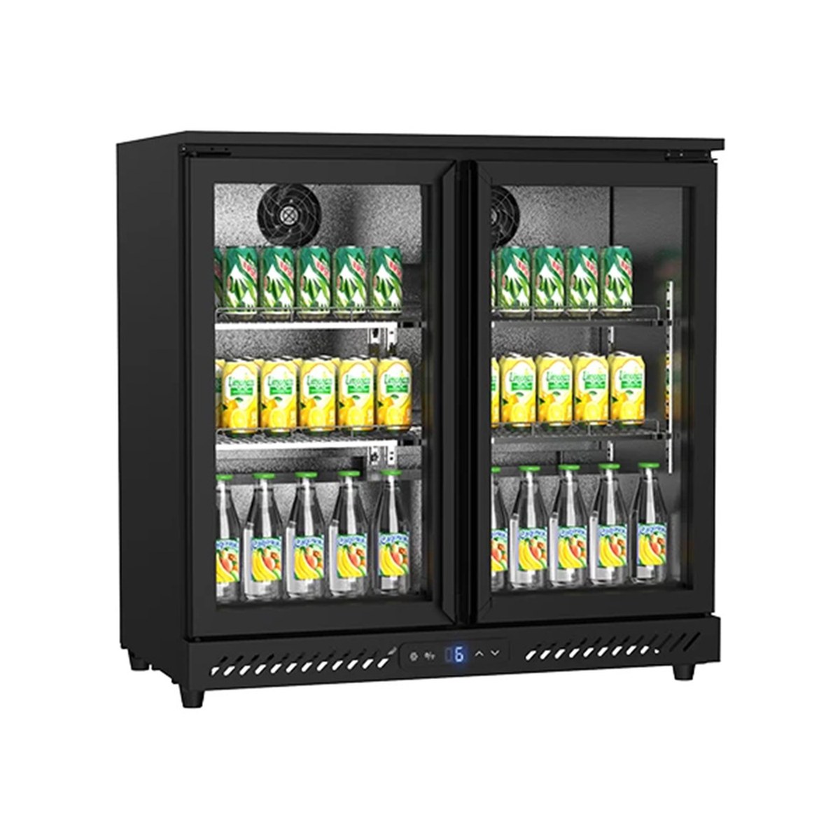 Back Bar Showcase Black 2 Doors Opening 208Ltr 4 Adjustable Shelves Black back bar refrigerated showcase with 2 opening doors, 208 litres