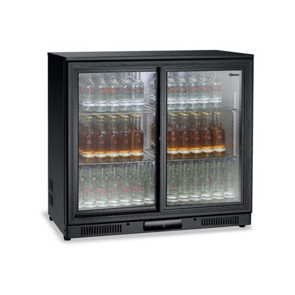 Black back bar display cooler with 2 sliding doors and 4 adjustable shelves, 208 litre