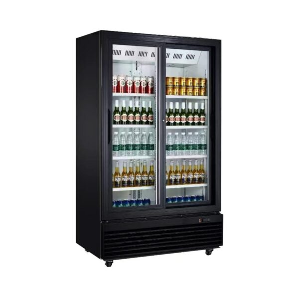 Double black professional refrigerated display case with sliding doors, 900 litres