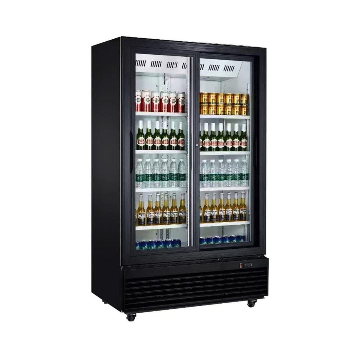 Double Black Refrigerated Display Case 900lt +1°C to +10°C Sliding Doors Double black professional refrigerated display case with sliding doors, 900 litres