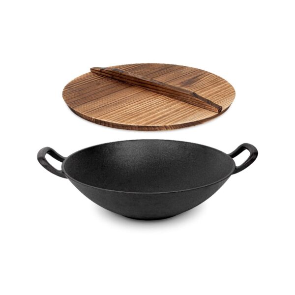 Μαύρο μαντεμένιο wok με ξύλινο καπάκι, διάμετρος 26x10 εκ.